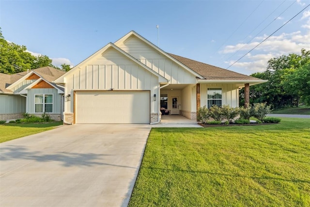124 W 5th St, Arcadia, OK 73007 - view of front facade with board and batten siding, an attached garage, concrete driveway, and a front yard