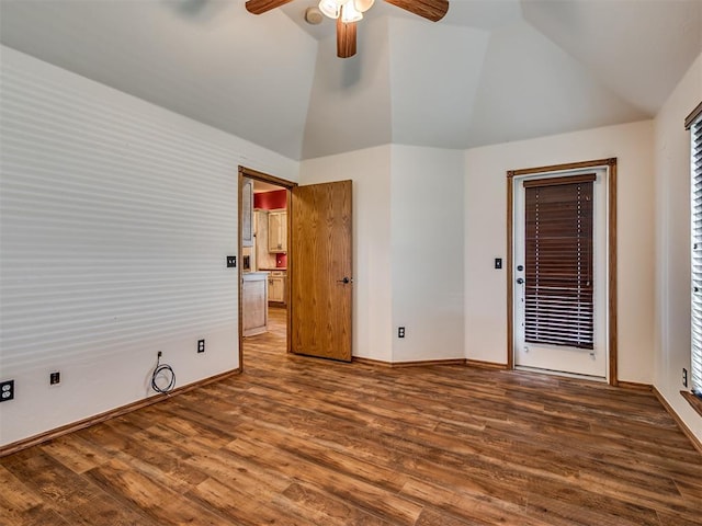 3501 Shell Ln, Yukon, OK 73099 - unfurnished room featuring ceiling fan, wood finished floors, baseboards, and high vaulted ceiling
