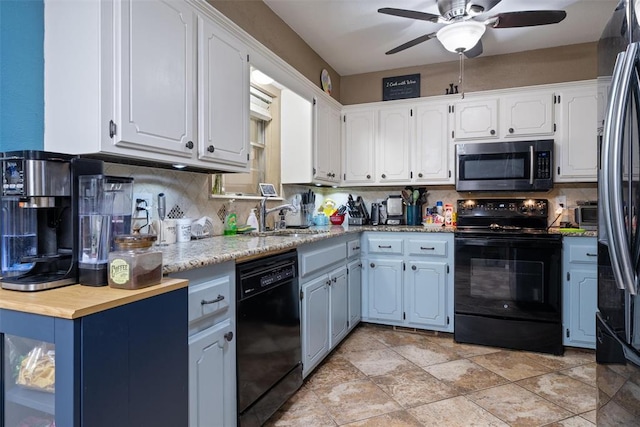 9703 Woodrock Ct, Oklahoma City, OK 73130 - kitchen featuring black appliances, decorative backsplash, ceiling fan, and white cabinetry