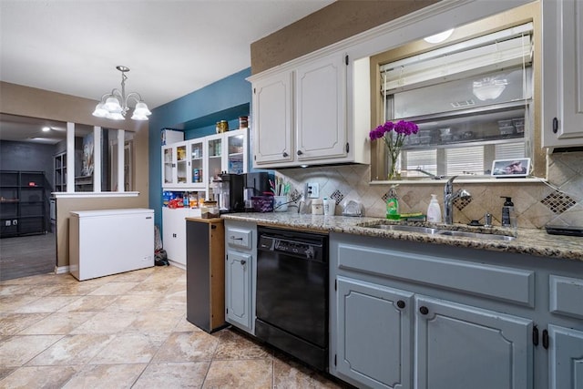 9703 Woodrock Ct, Oklahoma City, OK 73130 - kitchen with dishwasher, refrigerator, a chandelier, backsplash, and white cabinets