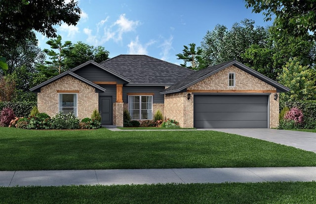1007 SE 16th Ter, Newcastle, OK 73065 - view of front of home featuring brick siding, a front yard, an attached garage, driveway, and a shingled roof
