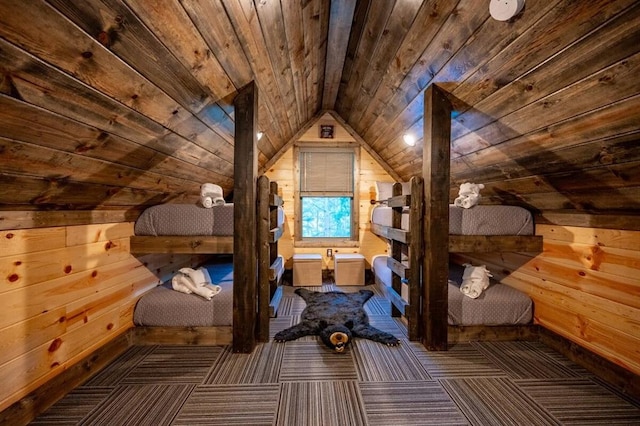 193 Pine Forest Trl, Broken Bow, OK 74728 - bedroom with wood walls, wood ceiling, lofted ceiling, and carpet floors
