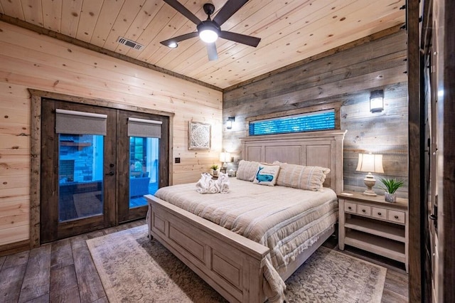 193 Pine Forest Trl, Broken Bow, OK 74728 - bedroom featuring french doors, wooden ceiling, wooden walls, access to exterior, and hardwood / wood-style flooring