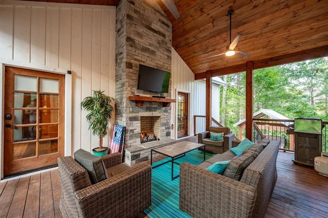 193 Pine Forest Trl, Broken Bow, OK 74728 - deck featuring an outdoor living space with a fireplace and ceiling fan