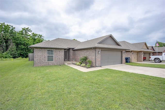 7521 Prairie Twyne Dr, Yukon, OK 73099 - ranch-style home with a garage, a front yard, driveway, brick siding, and roof with shingles