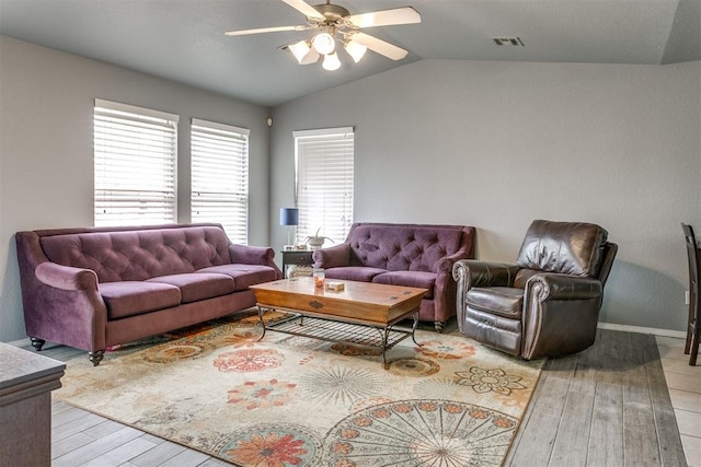 1705 NW 147th St, Edmond, OK 73013 - living area with light wood-style flooring, lofted ceiling, ceiling fan, and baseboards