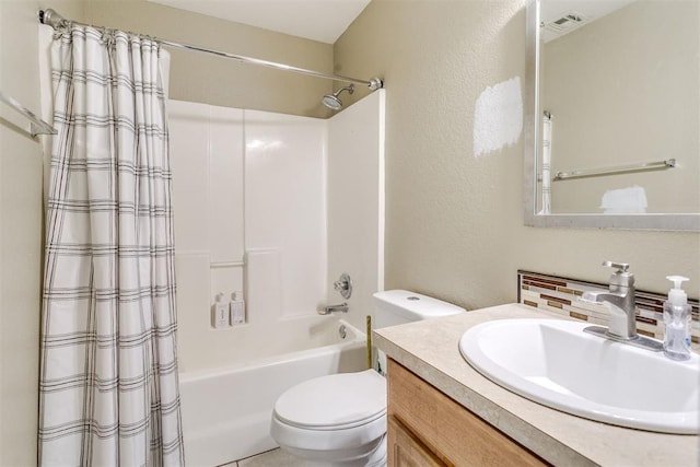 1705 NW 147th St, Edmond, OK 73013 - bathroom featuring toilet, vanity, shower / tub combo, tasteful backsplash, and a textured wall