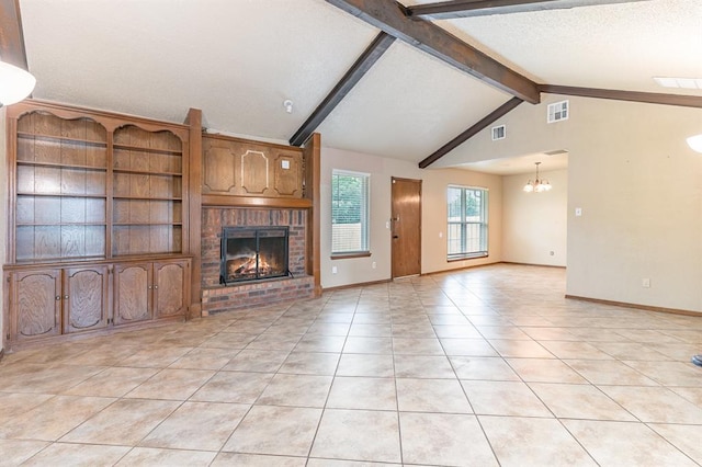 2232 Butternut Pl, Edmond, OK 73013 - unfurnished living room with light tile patterned flooring, a brick fireplace, a chandelier, and baseboards