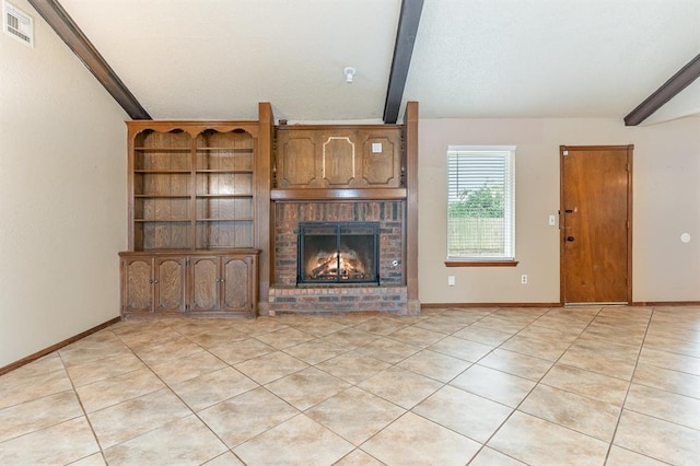 2232 Butternut Pl, Edmond, OK 73013 - unfurnished living room with light tile patterned floors, a brick fireplace, and baseboards