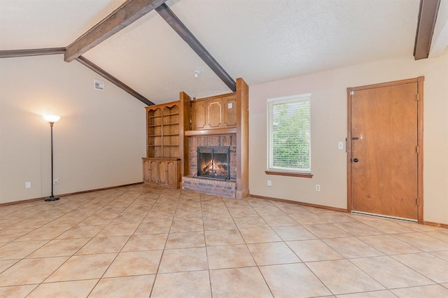 2232 Butternut Pl, Edmond, OK 73013 - unfurnished living room with a brick fireplace, light tile patterned floors, and baseboards