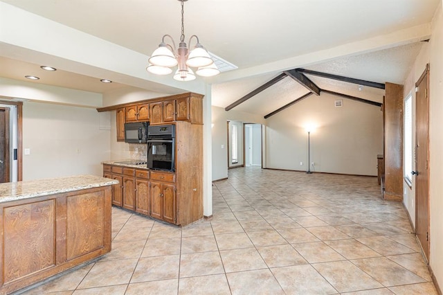 2232 Butternut Pl, Edmond, OK 73013 - kitchen with black appliances, brown cabinetry, light tile patterned floors, a chandelier, and pendant lighting