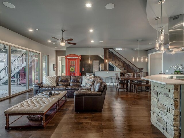 15321 Salem Creek Pl, Edmond, OK 73013 - living area with recessed lighting, stairs, a ceiling fan, and dark wood-style floors