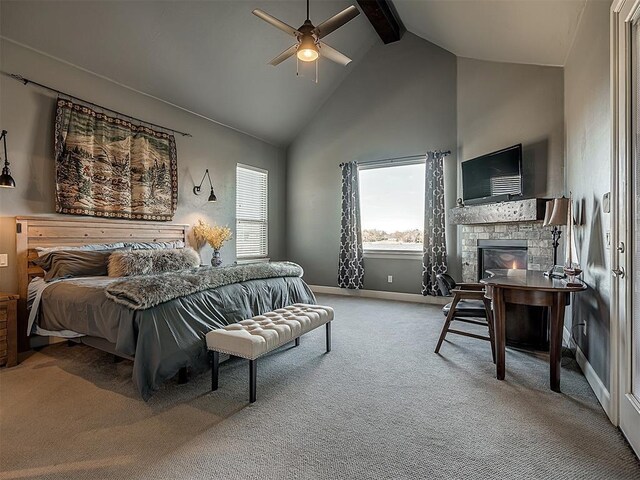 15321 Salem Creek Pl, Edmond, OK 73013 - carpeted bedroom featuring high vaulted ceiling, a stone fireplace, beamed ceiling, baseboards, and ceiling fan