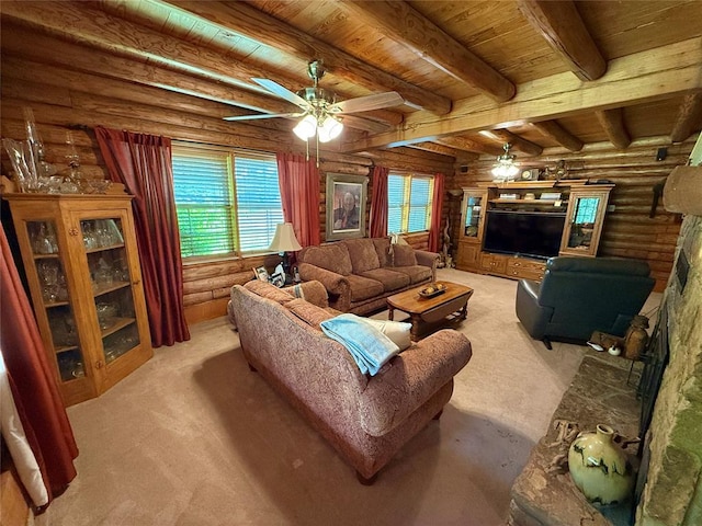 10813 S Peggy Lou Dr, Oklahoma City, OK 73165 - living area with ceiling fan, wood ceiling with exposed beams, light carpet, log walls, and a fireplace