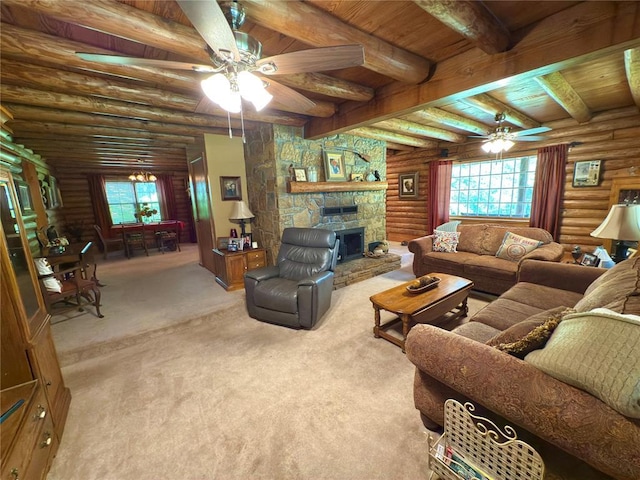 10813 S Peggy Lou Dr, Oklahoma City, OK 73165 - carpeted living area featuring ceiling fan, rustic walls, plenty of natural light, and wood ceiling with exposed beams