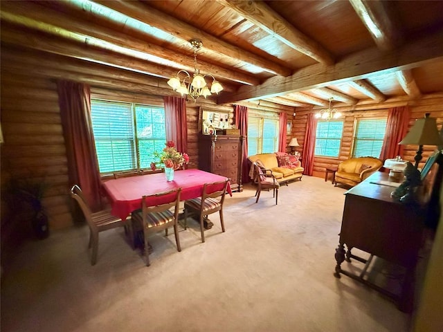 10813 S Peggy Lou Dr, Oklahoma City, OK 73165 - dining area with log walls, a chandelier, wooden ceiling with exposed beams, and carpet