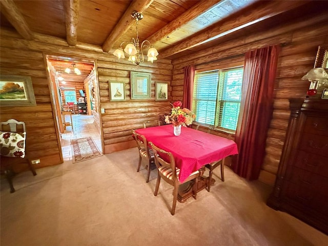 10813 S Peggy Lou Dr, Oklahoma City, OK 73165 - dining space with wood ceiling with exposed beams, a chandelier, log walls, and carpet floors