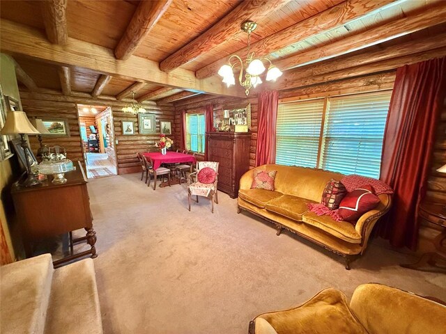 10813 S Peggy Lou Dr, Oklahoma City, OK 73165 - living area featuring a chandelier, log walls, wooden ceiling with exposed beams, and carpet