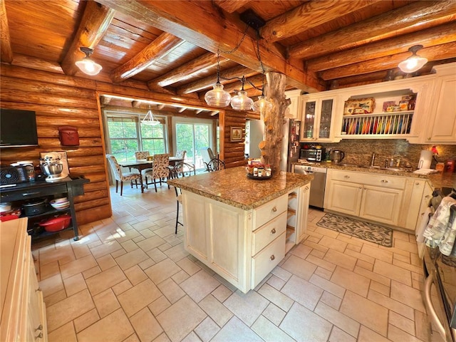 10813 S Peggy Lou Dr, Oklahoma City, OK 73165 - kitchen featuring wood ceiling with exposed beams, dishwasher, rustic walls, light stone counters, and glass insert cabinets