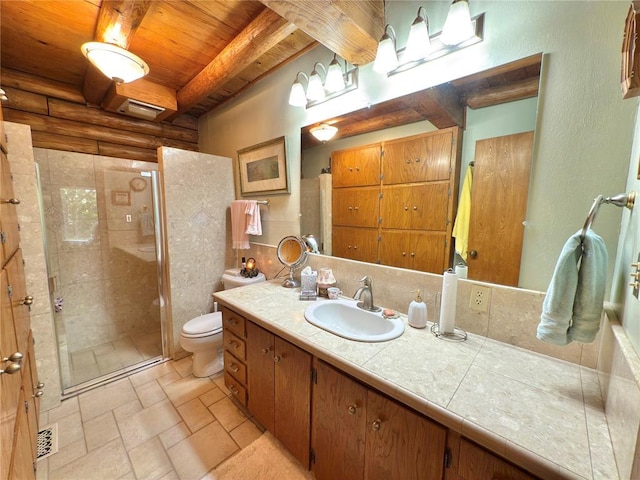10813 S Peggy Lou Dr, Oklahoma City, OK 73165 - bathroom with wooden ceiling with exposed beams, vanity, toilet, a shower stall, and log walls