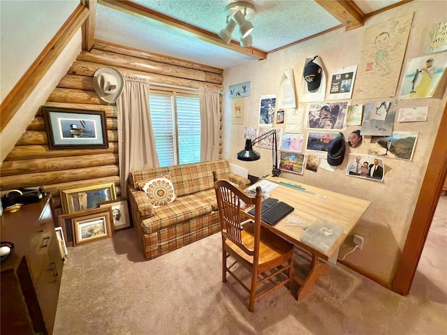 10813 S Peggy Lou Dr, Oklahoma City, OK 73165 - office area with beam ceiling, log walls, carpet floors, and a textured ceiling