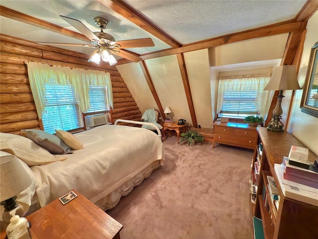 10813 S Peggy Lou Dr, Oklahoma City, OK 73165 - bedroom with log walls, light carpet, a textured ceiling, cooling unit, and a ceiling fan