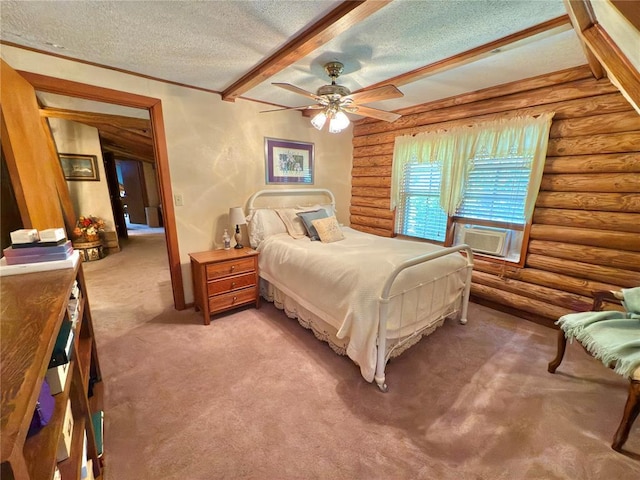 10813 S Peggy Lou Dr, Oklahoma City, OK 73165 - bedroom featuring cooling unit, a textured ceiling, carpet floors, rustic walls, and a ceiling fan