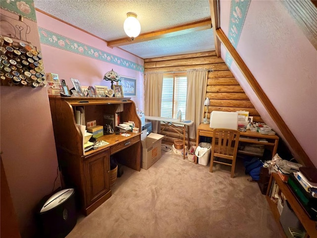 10813 S Peggy Lou Dr, Oklahoma City, OK 73165 - office featuring log walls, a textured ceiling, and carpet flooring