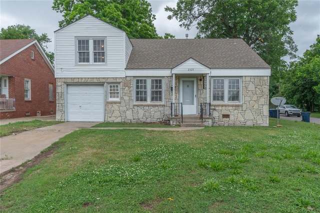 2325 E Madison St, Oklahoma City, OK 73111 - view of front facade featuring stone siding, driveway, a front yard, an attached garage, and a shingled roof