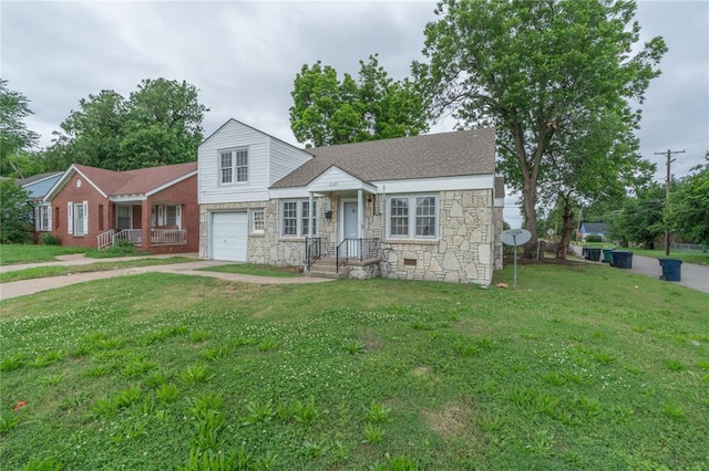 2325 E Madison St, Oklahoma City, OK 73111 - view of front of home featuring stone siding, a front yard, and driveway