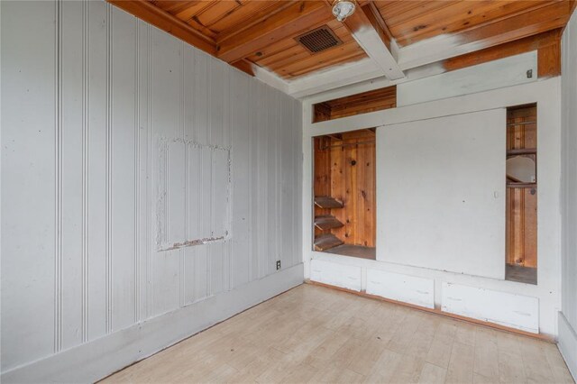 2325 E Madison St, Oklahoma City, OK 73111 - empty room featuring wood finished floors, wooden walls, and a wooden ceiling with exposed beams