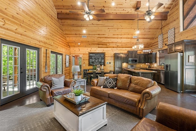 372 Timber Creek Trl, Broken Bow, OK 74728 - living area with a ceiling fan, high vaulted ceiling, wooden ceiling, wood walls, and french doors