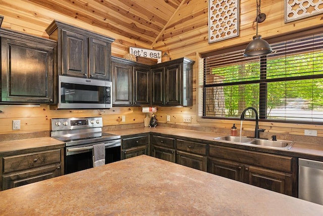 372 Timber Creek Trl, Broken Bow, OK 74728 - kitchen with appliances with stainless steel finishes, a sink, lofted ceiling, wood ceiling, and dark brown cabinets