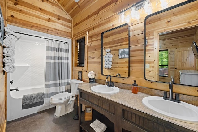 372 Timber Creek Trl, Broken Bow, OK 74728 - full bathroom with wooden walls, toilet, concrete flooring, double vanity, and shower / bath combo