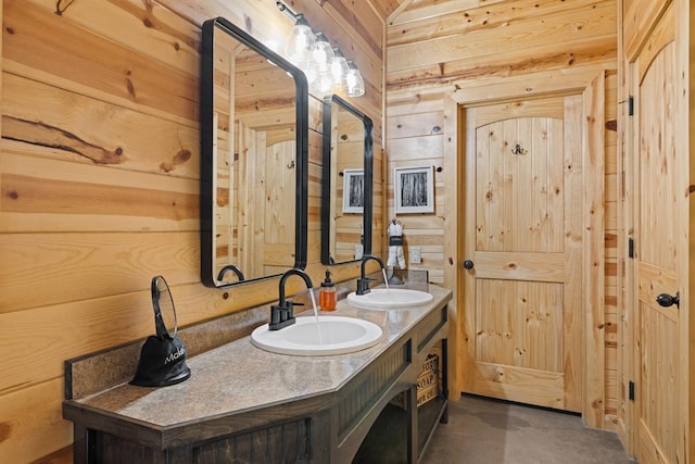 372 Timber Creek Trl, Broken Bow, OK 74728 - full bathroom featuring wood walls and double vanity