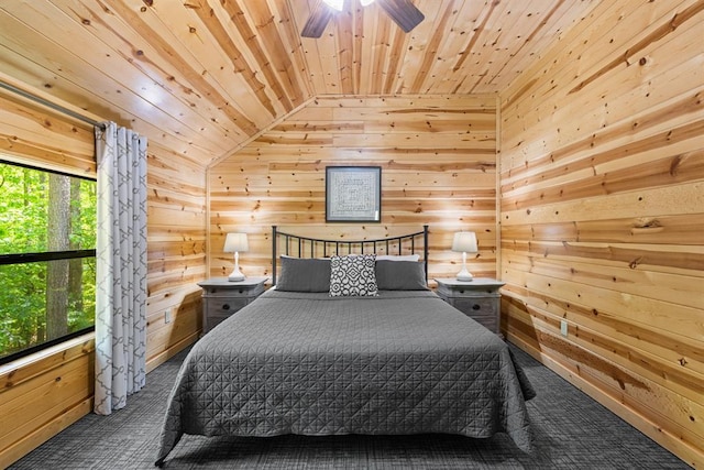 372 Timber Creek Trl, Broken Bow, OK 74728 - bedroom with wooden ceiling, carpet floors, lofted ceiling, and wood walls
