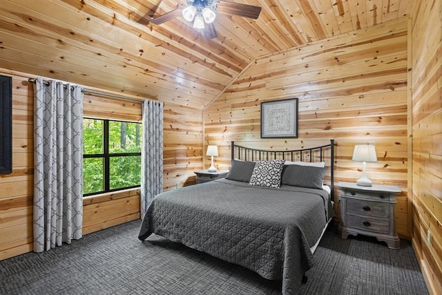 372 Timber Creek Trl, Broken Bow, OK 74728 - carpeted bedroom with wood ceiling, wood walls, vaulted ceiling, and ceiling fan