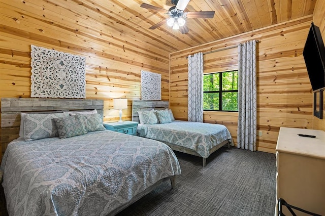 372 Timber Creek Trl, Broken Bow, OK 74728 - bedroom featuring wooden walls, carpet flooring, wooden ceiling, and ceiling fan