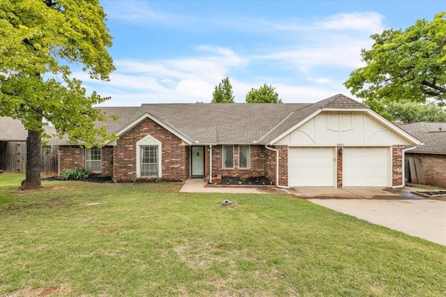 1401 Cedar Ridge Rd, Edmond, OK 73013 - ranch-style house featuring an attached garage, driveway, brick siding, and roof with shingles