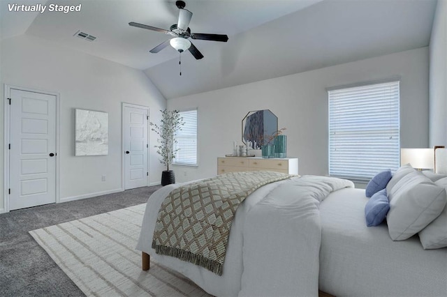4116 NW 155th St, Edmond, OK 73013 - carpeted bedroom with lofted ceiling, baseboards, and ceiling fan