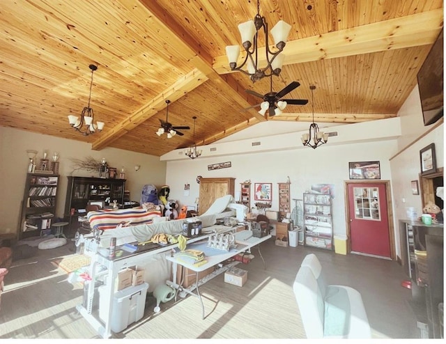 12301 US Highway 77, Lexington, OK 73051 - living room with a chandelier, ceiling fan, wood ceiling with exposed beams, and high vaulted ceiling