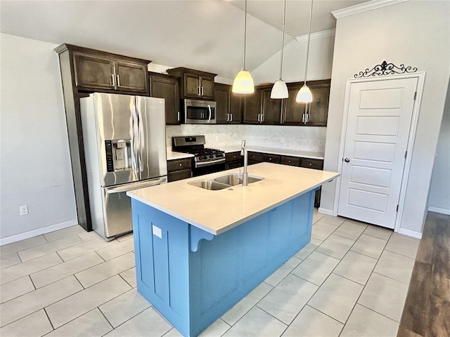 9632 Ashford Dr, Yukon, OK 73099 - kitchen featuring appliances with stainless steel finishes, tasteful backsplash, light tile patterned floors, dark brown cabinets, and ornamental molding