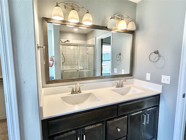 9632 Ashford Dr, Yukon, OK 73099 - full bathroom featuring double vanity and a stall shower