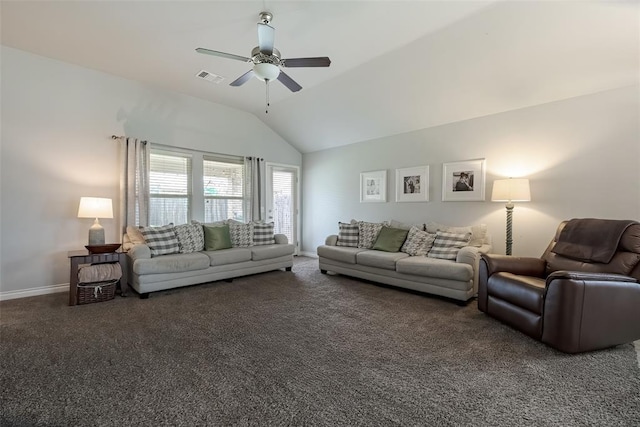 19005 Valencia Park Dr, Edmond, OK 73012 - carpeted living room with lofted ceiling, baseboards, and ceiling fan