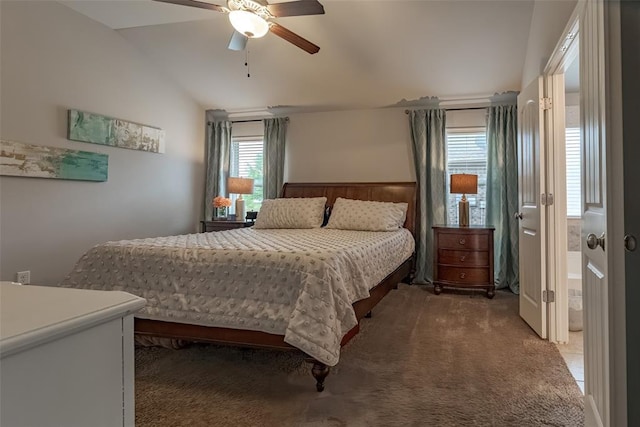 19005 Valencia Park Dr, Edmond, OK 73012 - bedroom featuring lofted ceiling, carpet floors, and a ceiling fan