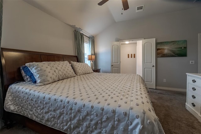 19005 Valencia Park Dr, Edmond, OK 73012 - carpeted bedroom featuring lofted ceiling, baseboards, and a ceiling fan