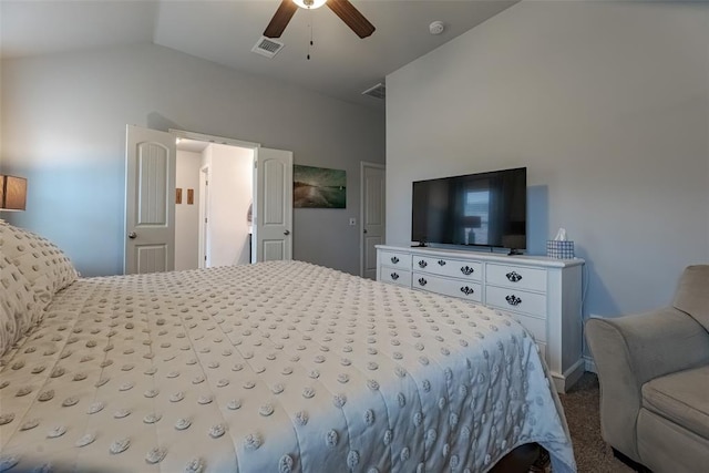 19005 Valencia Park Dr, Edmond, OK 73012 - bedroom with carpet floors, vaulted ceiling, ceiling fan, and baseboards