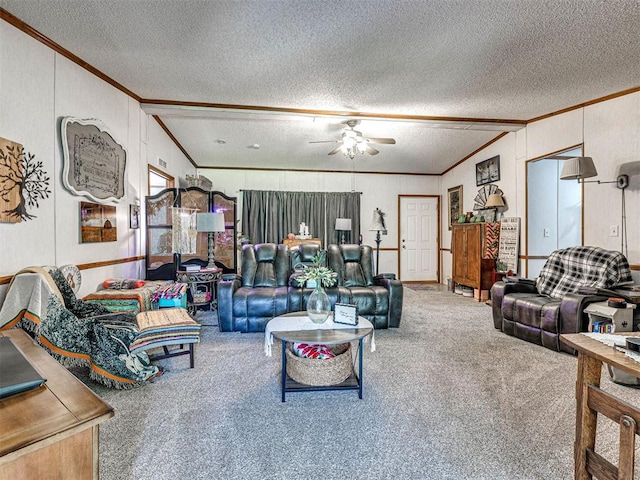 19519 N 2730th Rd, Kingfisher, OK 73750 - living room featuring ornamental molding, a textured ceiling, carpet flooring, and a ceiling fan