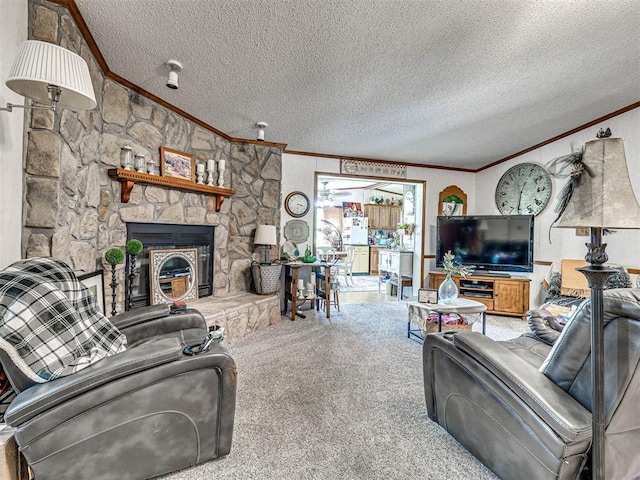 19519 N 2730th Rd, Kingfisher, OK 73750 - carpeted living room featuring ornamental molding, a textured ceiling, a fireplace, and lofted ceiling