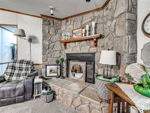 19519 N 2730th Rd, Kingfisher, OK 73750 - living room with crown molding, a fireplace, a textured ceiling, and carpet